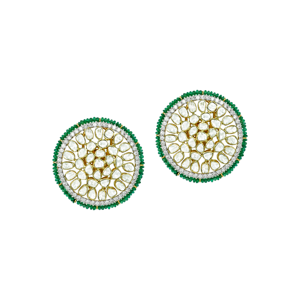 Radial Polki Studs with Diamond Halo and Emerald Bead Edge